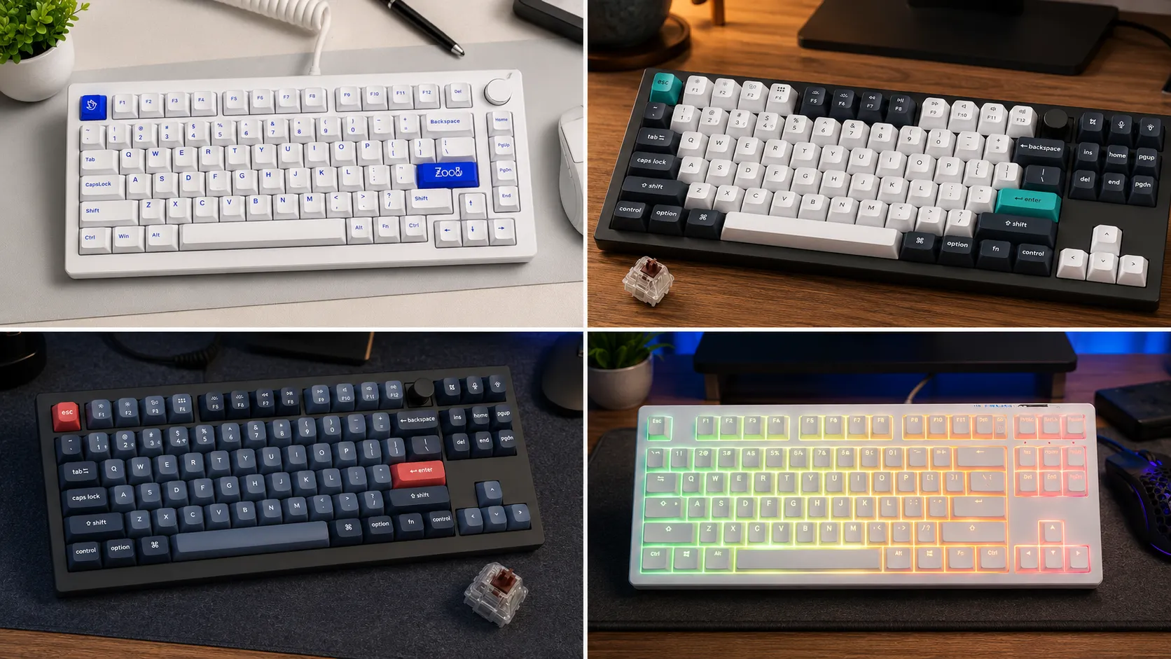 Lineup of the best TKL keyboards for streaming setups tested on a stream desk with a microphone