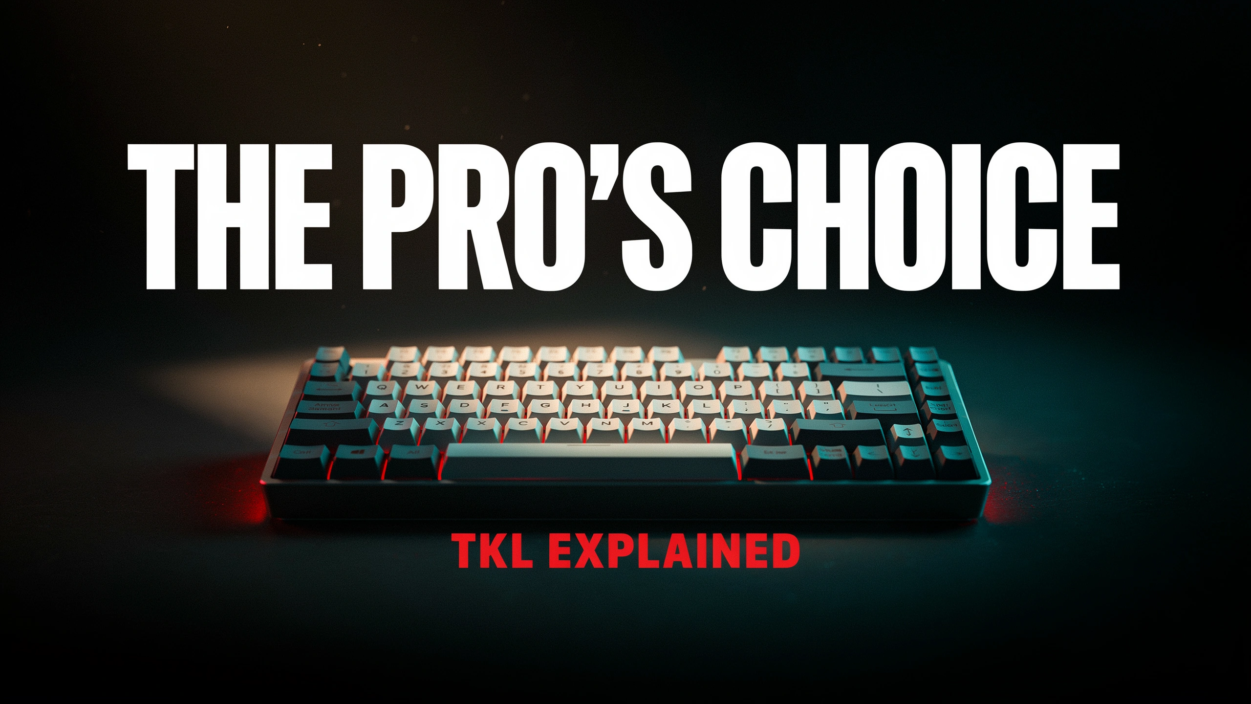 Split comparison thumbnail showing why pros use TKL keyboards, with a full-size keyboard on the left marked with a red X and a tenkeyless mechanical keyboard on the right under a warm spotlight.