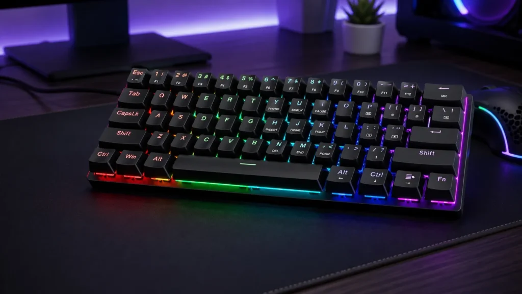 Black 60% wired mechanical gaming keyboard with blue clicky switches, 61 keys, and 18 LED backlight modes