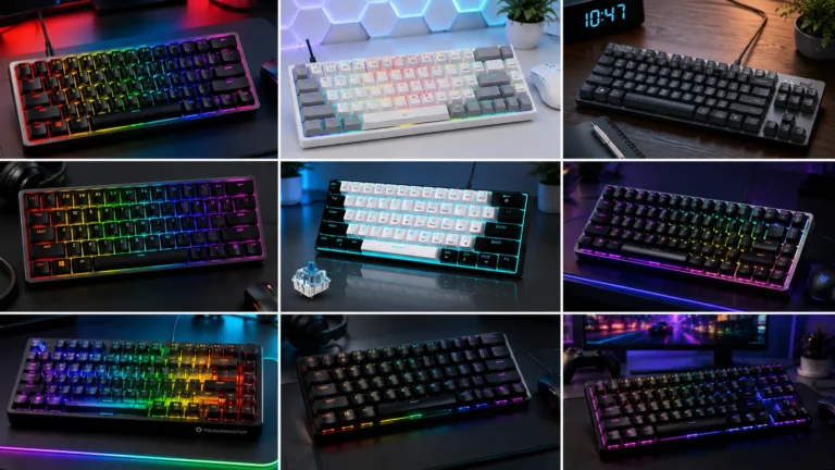 60% and 65% gaming keyboards lined up on a desk with RGB backlight and mouse
