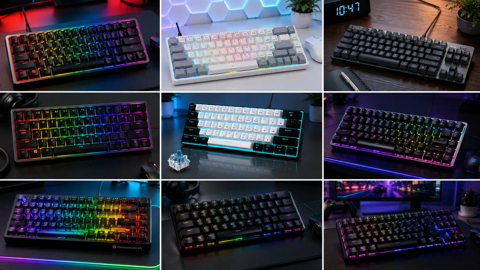 60% and 65% gaming keyboards lined up on a desk with RGB backlight and mouse