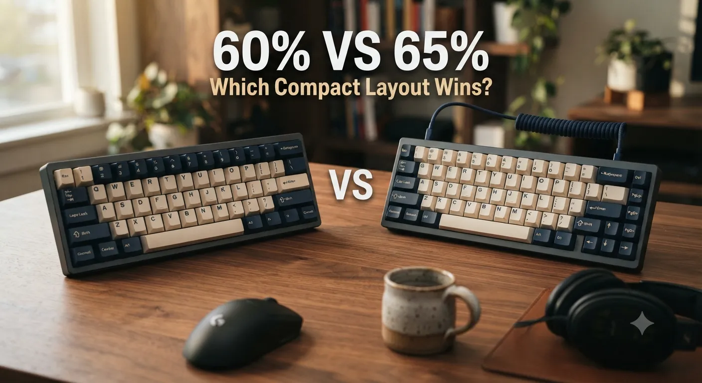 60% vs 65% keyboards compared side by side on a walnut desk, showing the extra arrow key column on the 65% layout