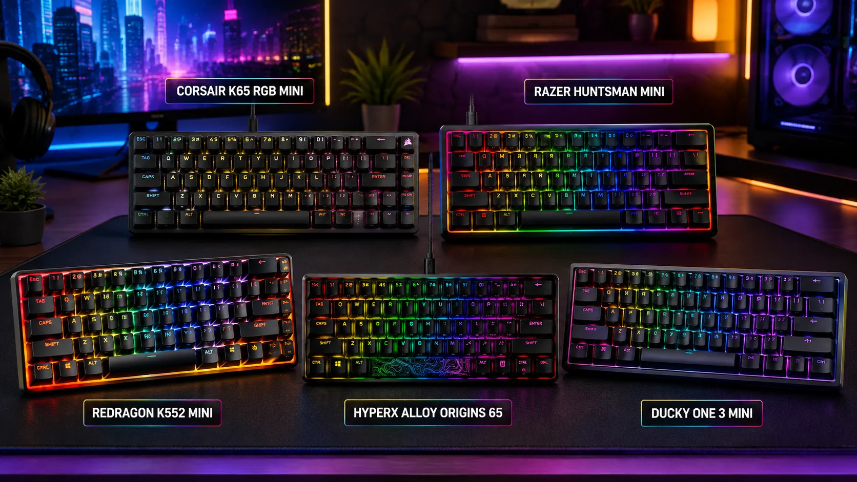 Best 60% keyboards for FPS lined up on a gaming desk with mouse and mousepad, showing compact layout for competitive shooters