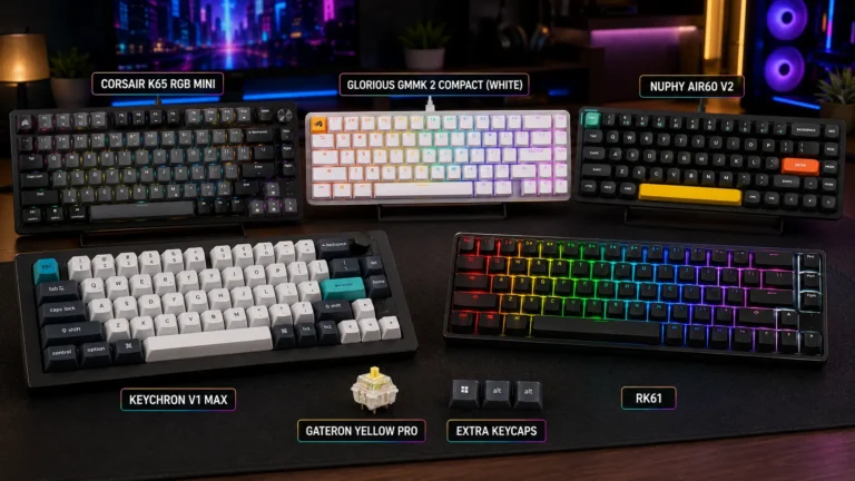 Best 65% keyboards for FPS lined up on a gaming desk with mouse and headset