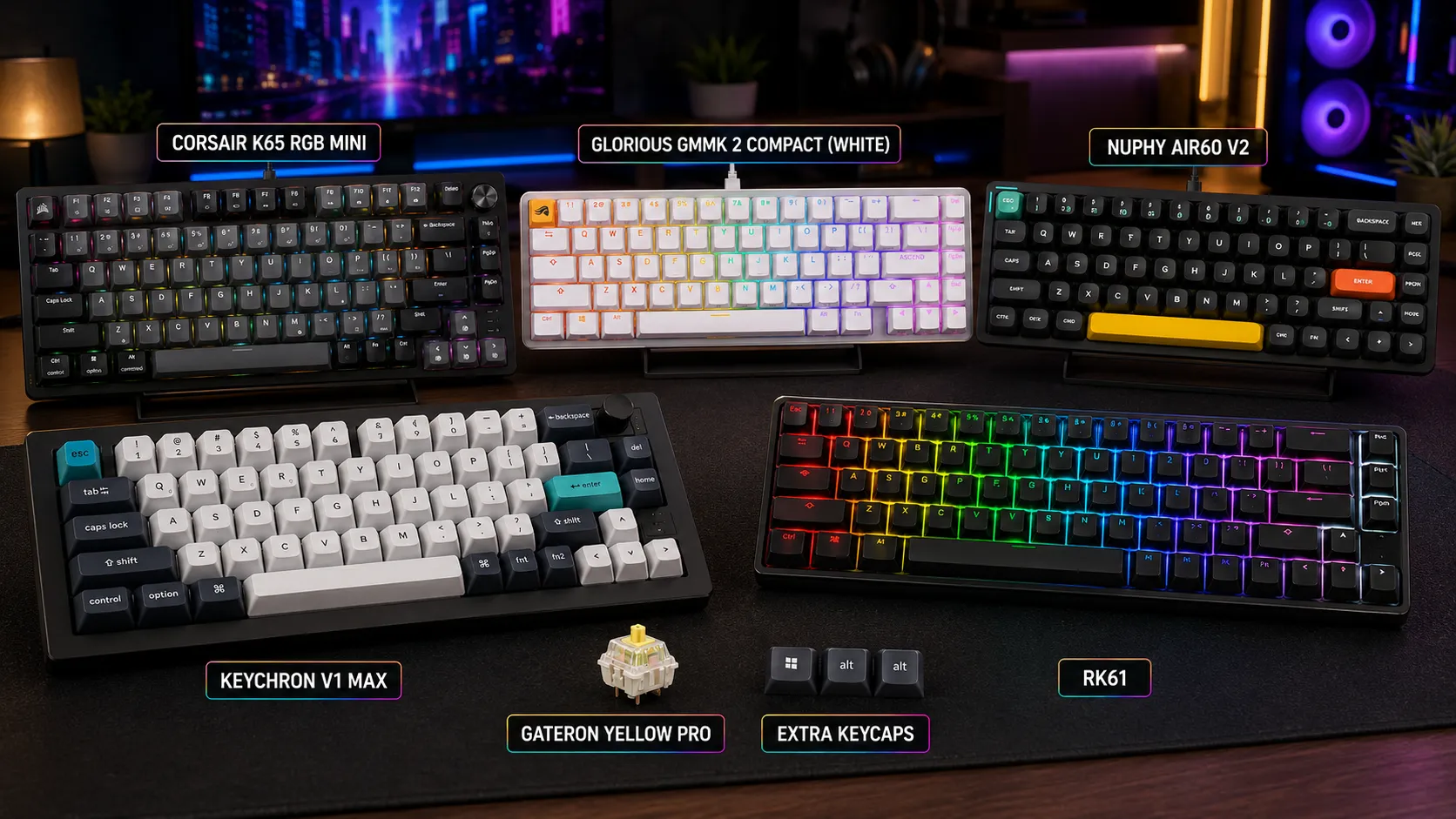 Best 65% keyboards for FPS lined up on a gaming desk with mouse and headset