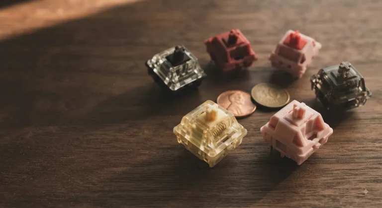 Six mechanical keyboard switches in yellow, pink, red, and black laid out on a walnut desk as the best budget keyboard switches under $0.30 each.