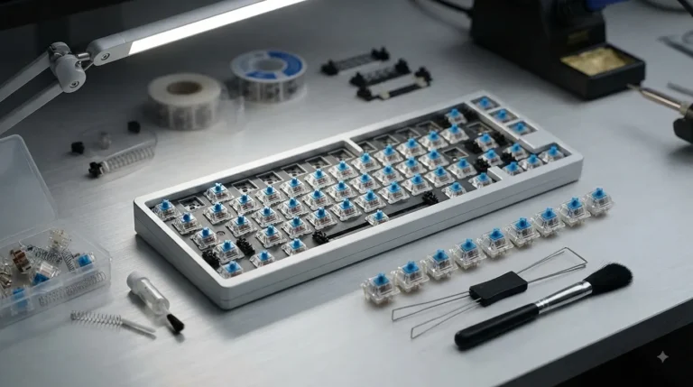 Best clicky switches for gaming lined up on a mechanical keyboard PCB