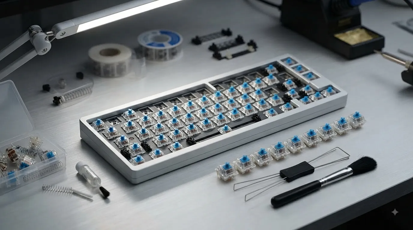 Best clicky switches for gaming lined up on a mechanical keyboard PCB