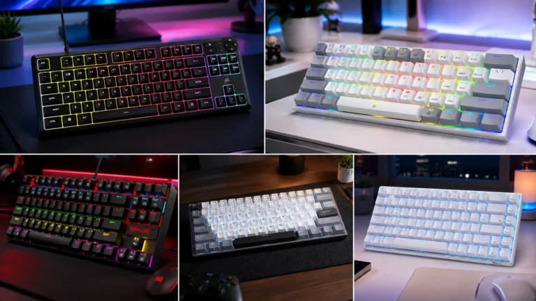 Compact 60% and TKL gaming keyboards lined up on a desk with the text "Best Compact Gaming Keyboard Under $50" overlaid.