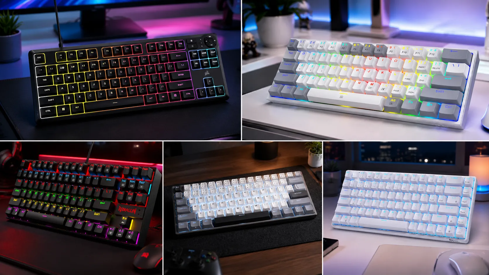 Compact 60% and TKL gaming keyboards lined up on a desk with the text "Best Compact Gaming Keyboard Under $50" overlaid.