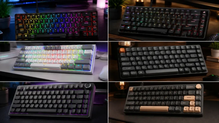 Lineup of the best compact gaming keyboards under $100 including 60%, 65%, and 75% mechanical boards on a wood desk