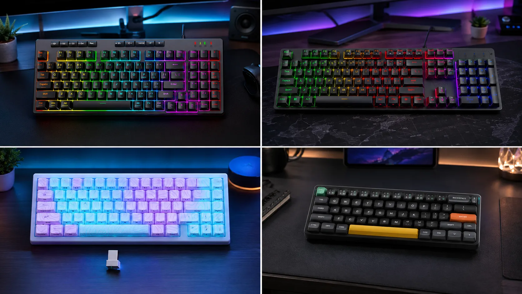 Best compact gaming keyboards for Mac lined up on a wooden desk beside a MacBook — NuPhy Air60 V2, HITIME M67, Redragon K517 Pro and K521.