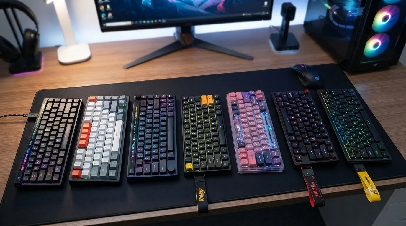 Best compact Hall Effect gaming keyboards lined up on a desk, showing 60% and 65% layouts with RGB backlighting and magnetic switches for Rapid Trigger gameplay.