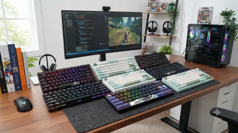 Lineup of the best compact keyboards with PBT keycaps, including 60% and 75% mechanical boards from HyperX, Razer, Logitech, and Royal Kludge