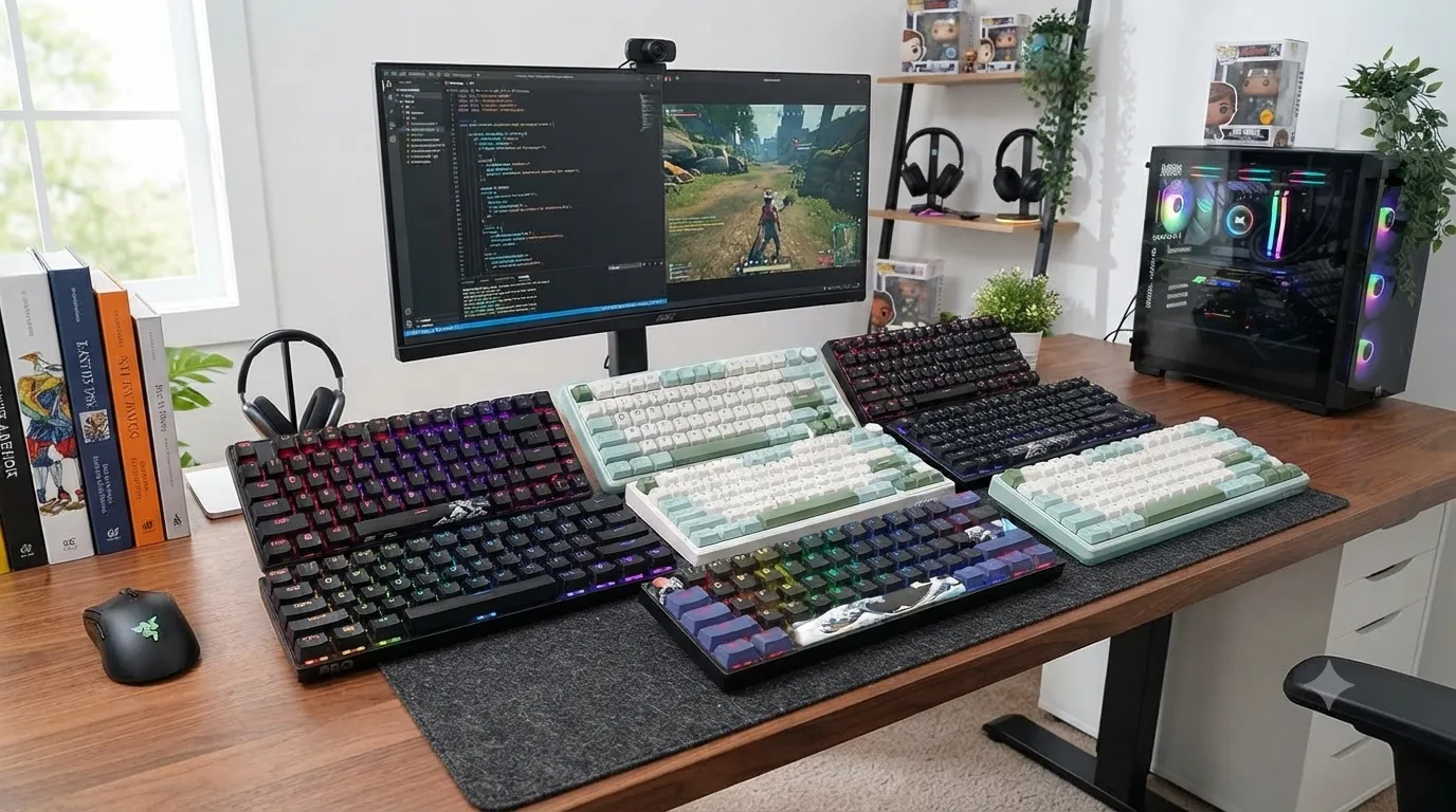 Lineup of the best compact keyboards with PBT keycaps, including 60% and 75% mechanical boards from HyperX, Razer, Logitech, and Royal Kludge