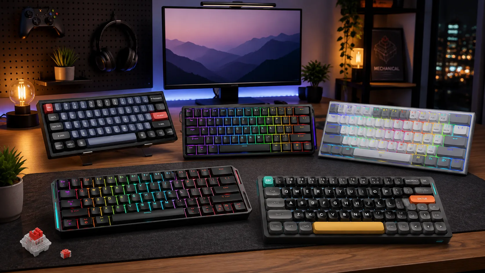 Lineup of the best hot swap 60% Keyboards for gaming, including the Ducky One 3 Mini, Keychron V4, and MonsGeek FUN60 Ultra