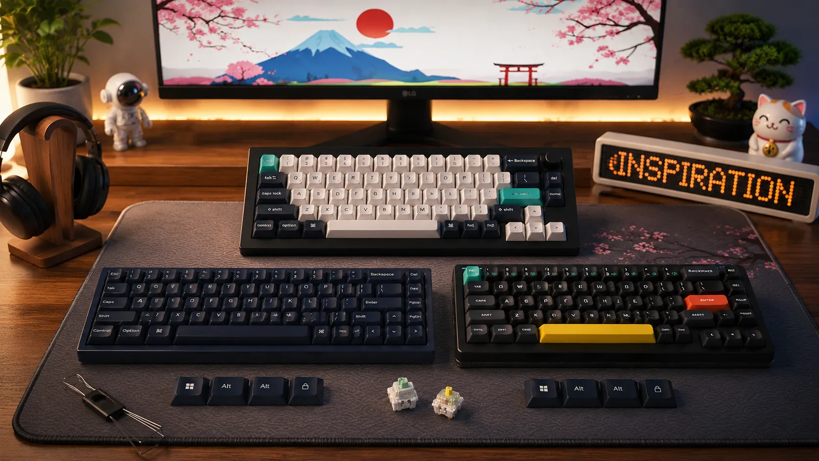 Six best hot-swap 65% keyboards lined up on a desk, including the Keychron Q2 Max and NuPhy Halo65 V2