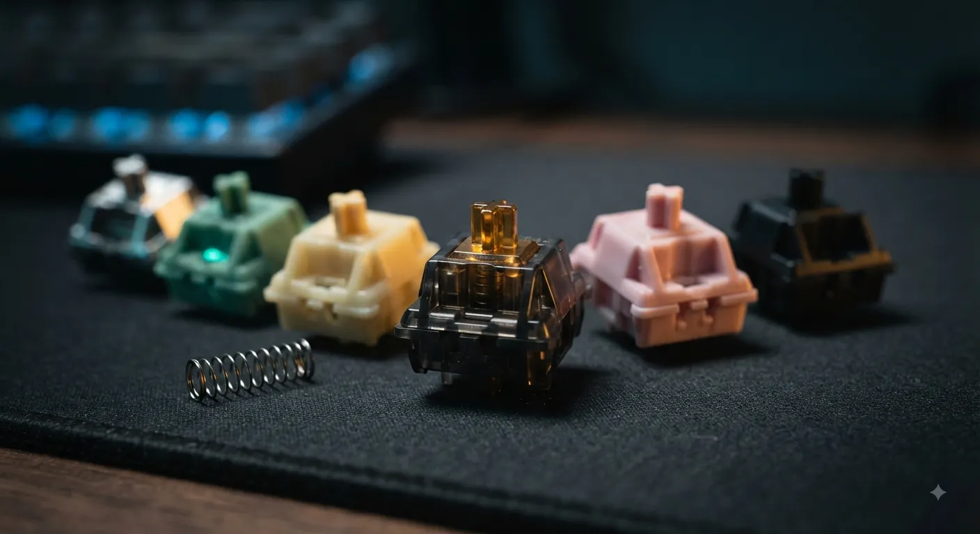 Best linear switches for gaming lined up in a cinematic macro shot, featuring Gateron Oil King, Wooting Lekker, Cherry MX Speed Silver, and Durock Alpaca switches on a dark desk mat.