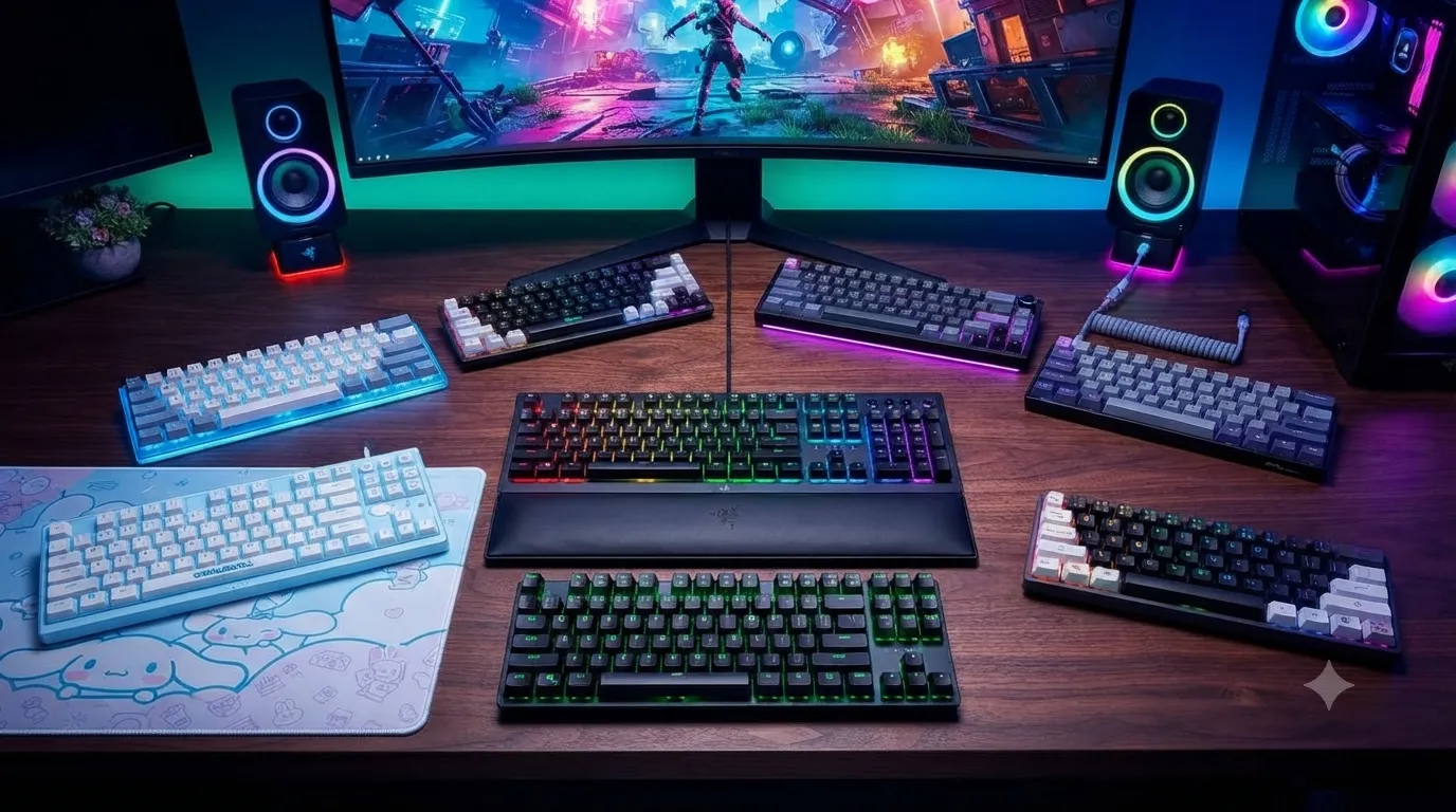 Lineup of the best low-profile compact gaming keyboards on a desk, including the Logitech G515 TKL, Nuphy Air75 HE, and Razer Ornata V3.