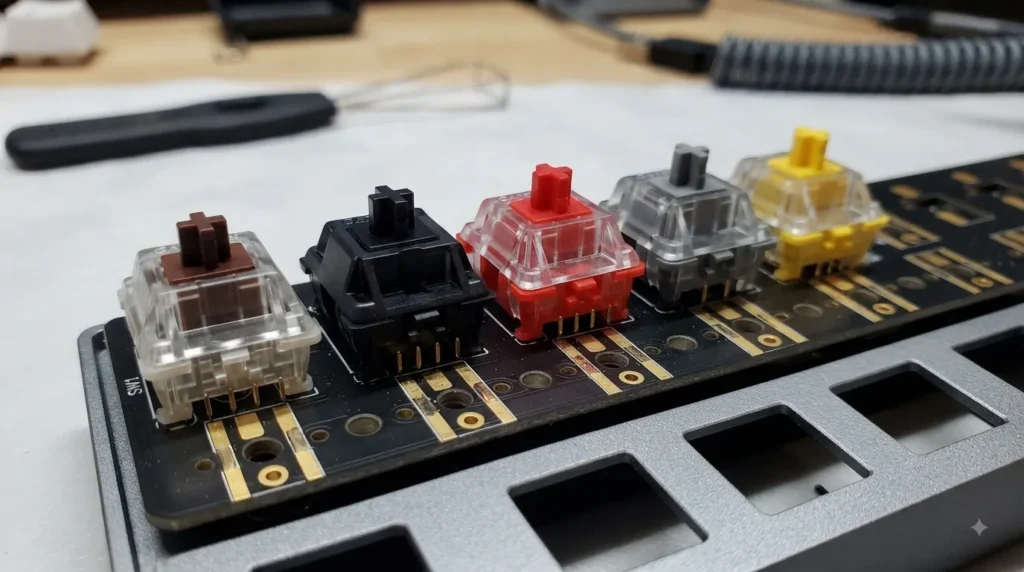 Best optical switches for gaming — Gateron KS-15 Optical Silver, Yellow, Brown, and Red switches lined up on a mechanical keyboard PCB