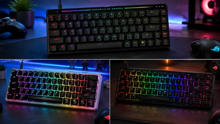 Best premium compact gaming keyboards lineup — Wooting 60HE, SteelSeries Apex Pro Mini, and ASUS ROG Falchion on a wooden desk