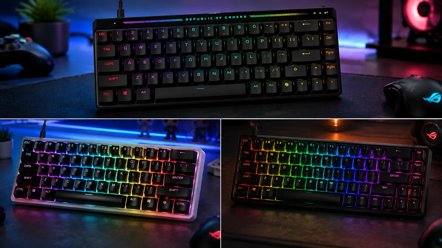 Best premium compact gaming keyboards lineup — Wooting 60HE, SteelSeries Apex Pro Mini, and ASUS ROG Falchion on a wooden desk