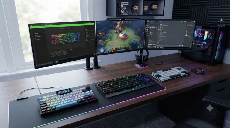 Three of the best silent compact gaming keyboards side by side: MageGee MK-Box 60%, Razer BlackWidow V4 X, and DK75 75% wireless.