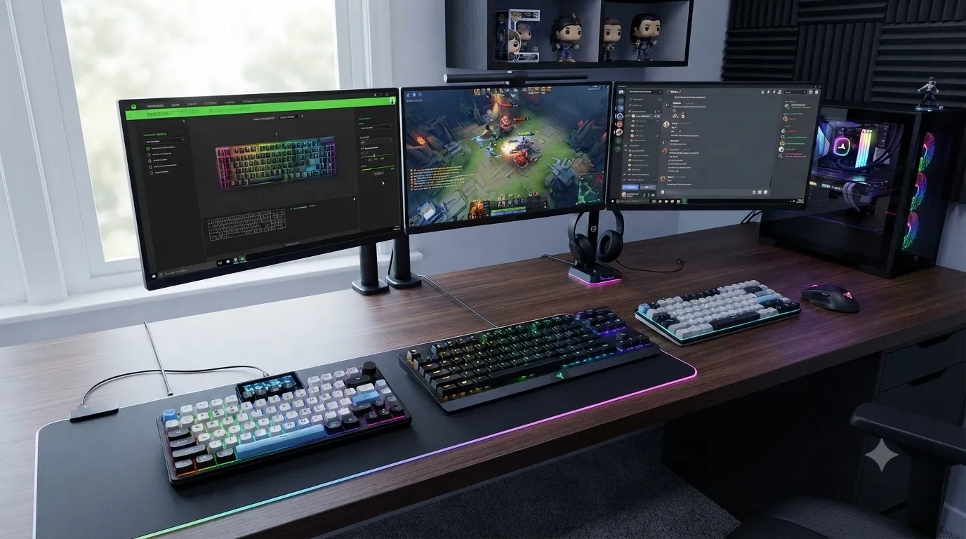 Three of the best silent compact gaming keyboards side by side: MageGee MK-Box 60%, Razer BlackWidow V4 X, and DK75 75% wireless.