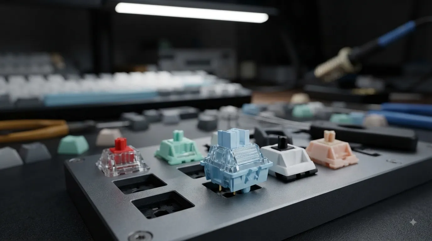 Best silent switches for gaming lined up on a mechanical keyboard PCB, showing linear and tactile silent switch options