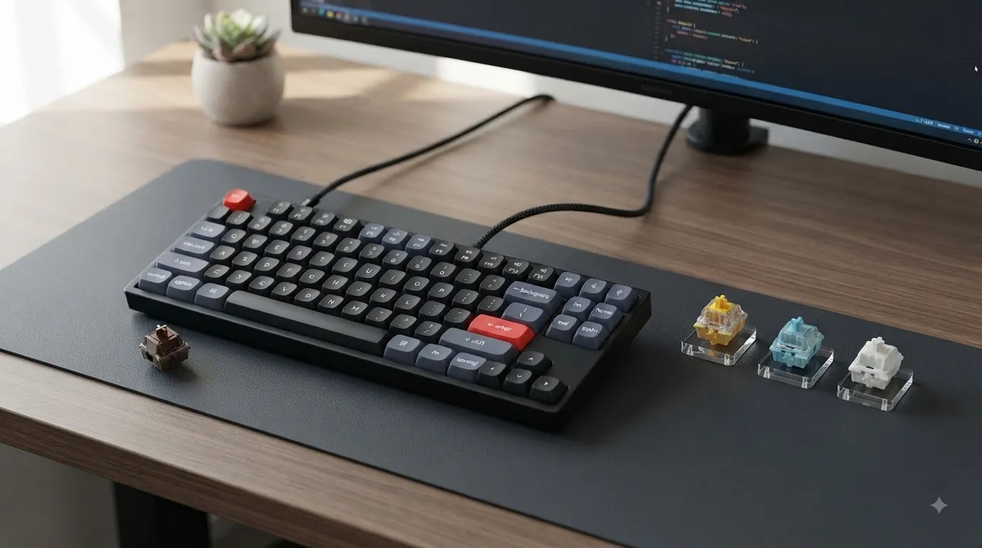 Top-down flat lay of the best switches for gaming, including Gateron Magnetic Jade, Oil King, and Milky Yellow Pro 3.0.