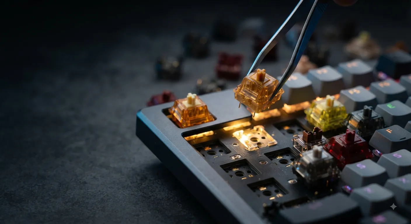 Close-up of colorful mechanical keyboard switches being installed on a hot-swap PCB, illustrating the best switches for MMO and RPG gaming.