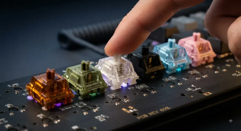Six premium mechanical keyboard switches in different colors lined up on a PCB, showing the best switches for typing and gaming.