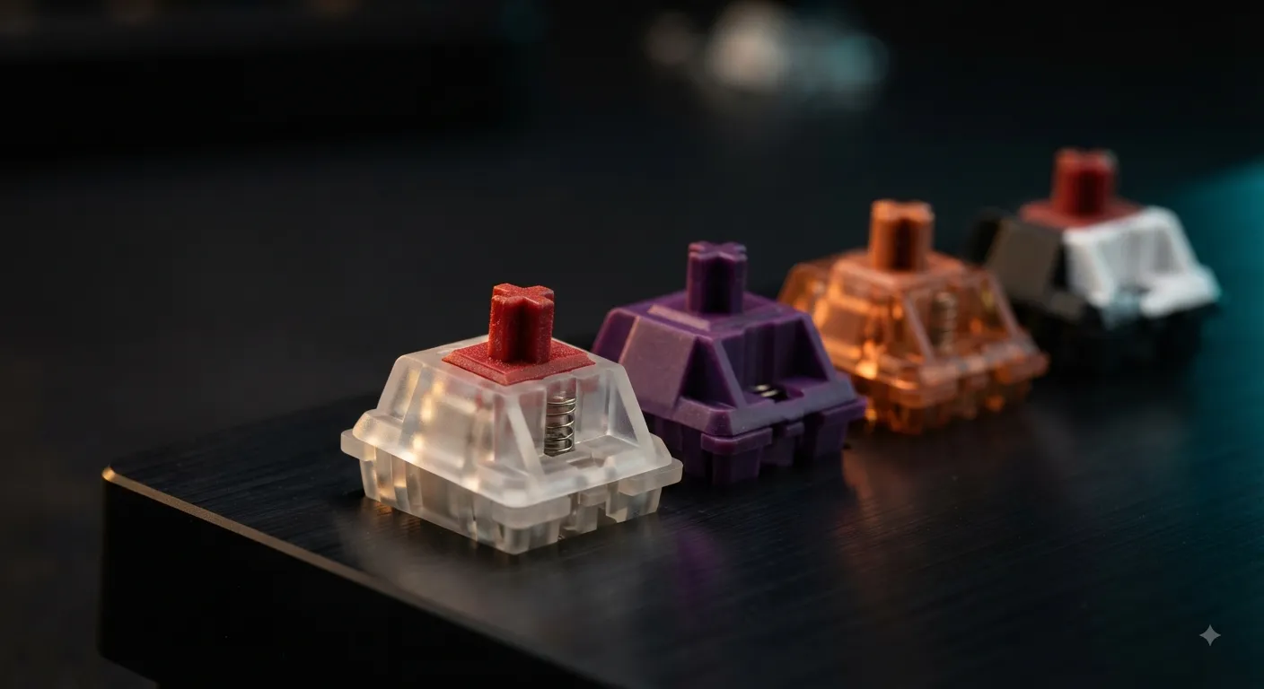 Close-up macro shot of the best tactile switches for gaming, including Boba U4T, Zealios V2, and Kailh Speed Copper on a matte black surface.