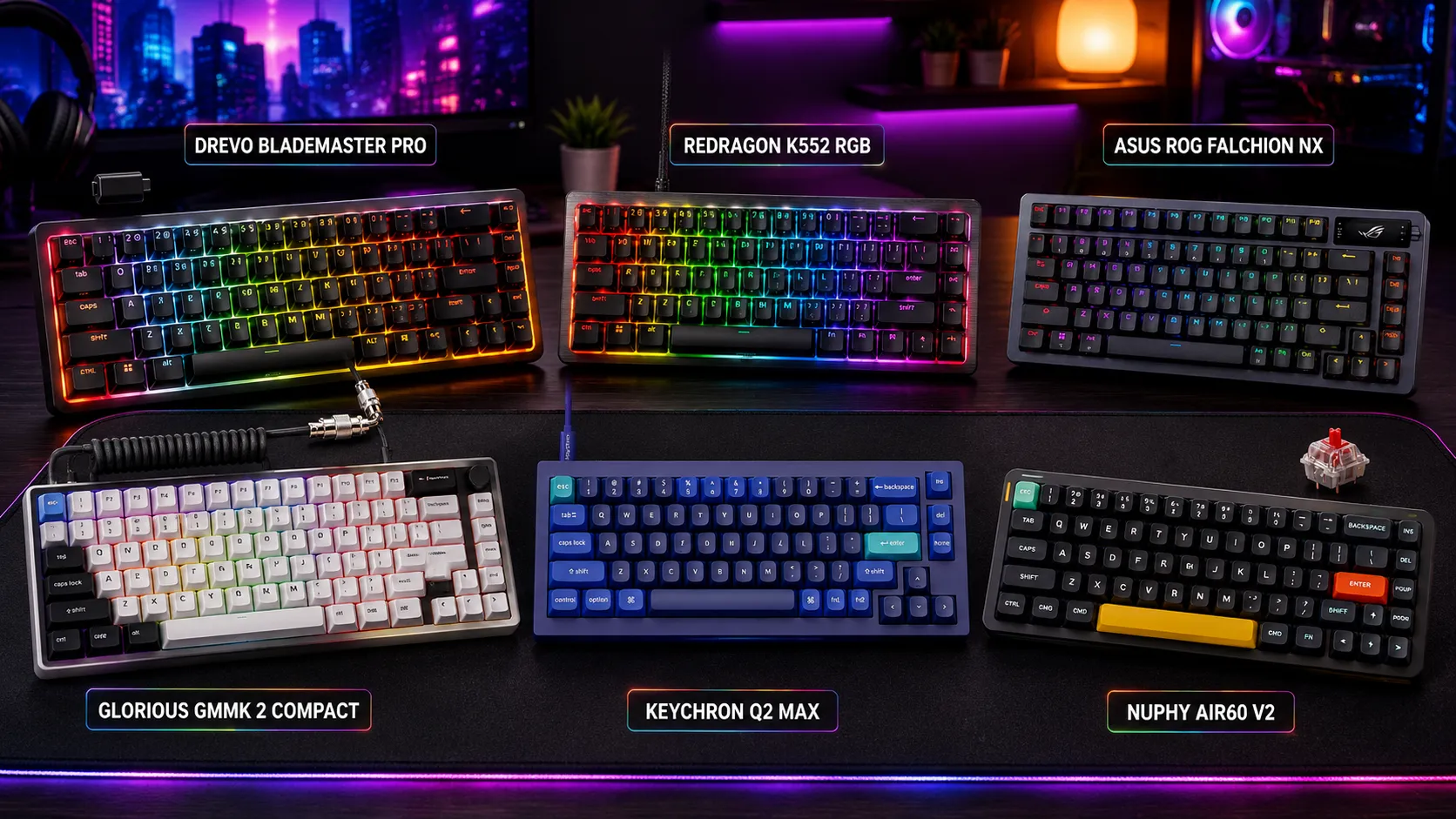 Compact 60% mechanical gaming keyboard and MMO mouse on a dark desk mat, lit by RGB, set up for MMO and RPG play.