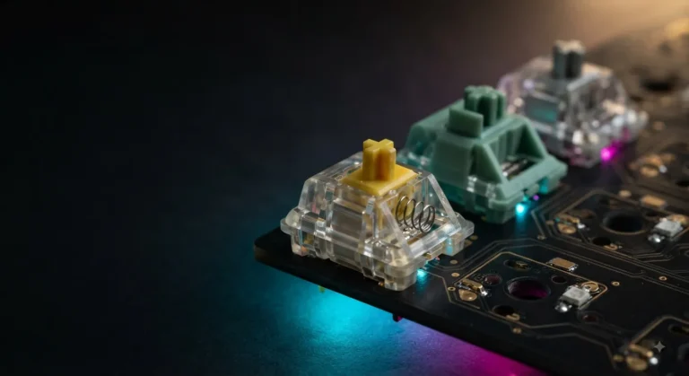 Close-up of transparent mechanical keyboard switches including a Gateron Yellow linear, Gateron Magnetic Jade Hall Effect, and Cherry MX Speed Silver — the best switches for FPS games like Valorant, CS, and Apex — on a PCB with RGB underglow.