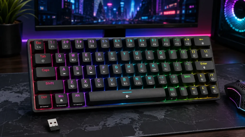DIERYA DK63 wireless 60 percent mechanical gaming keyboard with Bluetooth, 2.4G, and blue switches