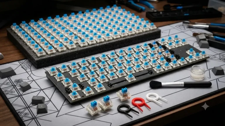 Gaming keyboard switches compared: linear, tactile, clicky, and magnetic switch types side by side.