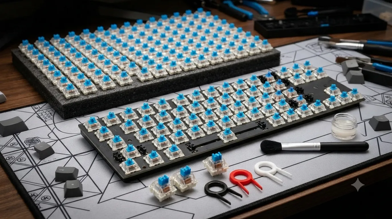 Gaming keyboard switches compared: linear, tactile, clicky, and magnetic switch types side by side.