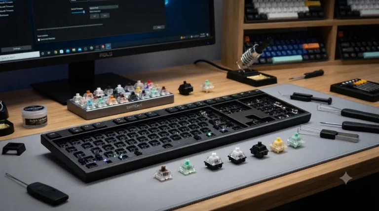 Close-up of colored mechanical gaming keyboard switches — linear, tactile, clicky, and magnetic types compared
