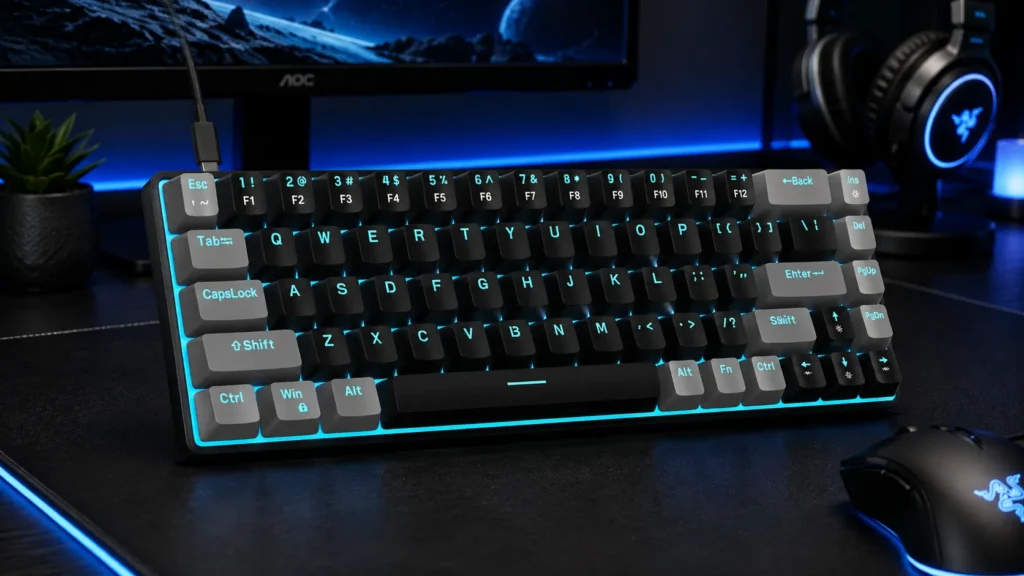 MageGee MK-Box portable 68-key mechanical gaming keyboard in black and grey with red switches and LED backlight