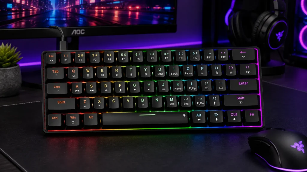 Newmen GM611 wired 60% mechanical gaming keyboard with red linear switches, black keycaps, and LED backlight