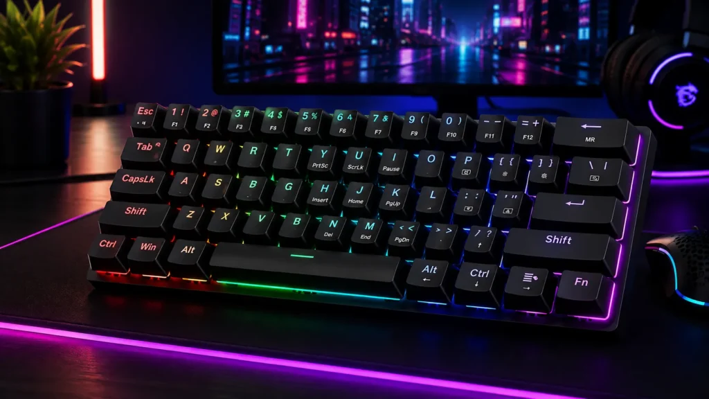 Compact 60% wired mechanical gaming keyboard with blue switches and LED backlight