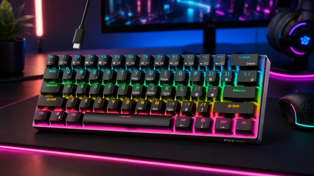 RK Royal Kludge RK61 60% mechanical gaming keyboard with blue switches and RGB backlight