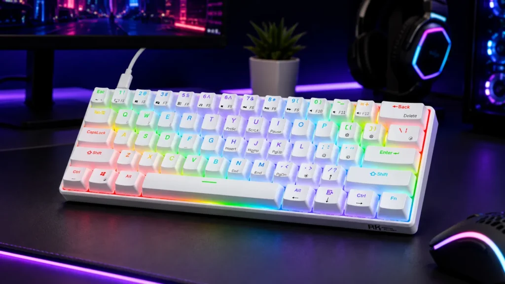 RK Royal Kludge RK61 white 60% wired mechanical gaming keyboard with pre-lubed red switches and RGB backlight