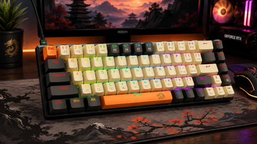 Redragon 60 percent mechanical gaming keyboard with 68 keys, arrow cluster, and programmable RGB