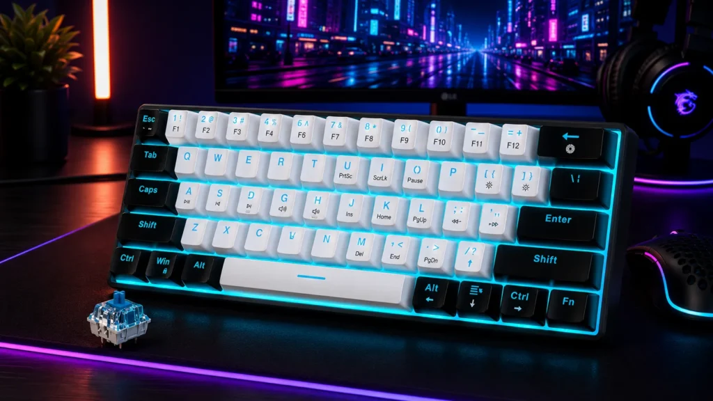 Snpurdiri 60% wired mechanical gaming keyboard in black and white with ice-blue LED backlight