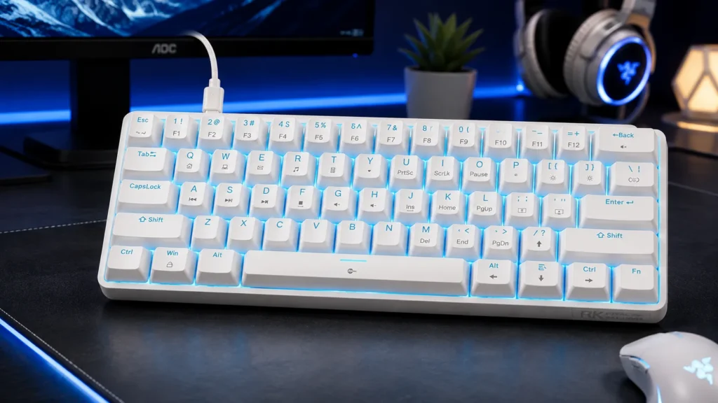 TMKB 60% white mechanical gaming keyboard with red linear switches, LED backlight, and double-shot keycaps
