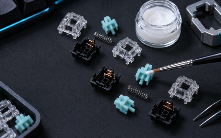 Disassembled mechanical keyboard switches, lubricant jar, fine brush, and switch opener on a dark work mat
