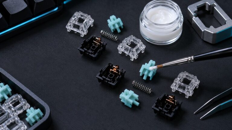 Disassembled mechanical keyboard switches, lubricant jar, fine brush, and switch opener on a dark work mat
