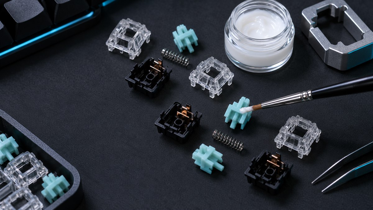 Disassembled mechanical keyboard switches, lubricant jar, fine brush, and switch opener on a dark work mat